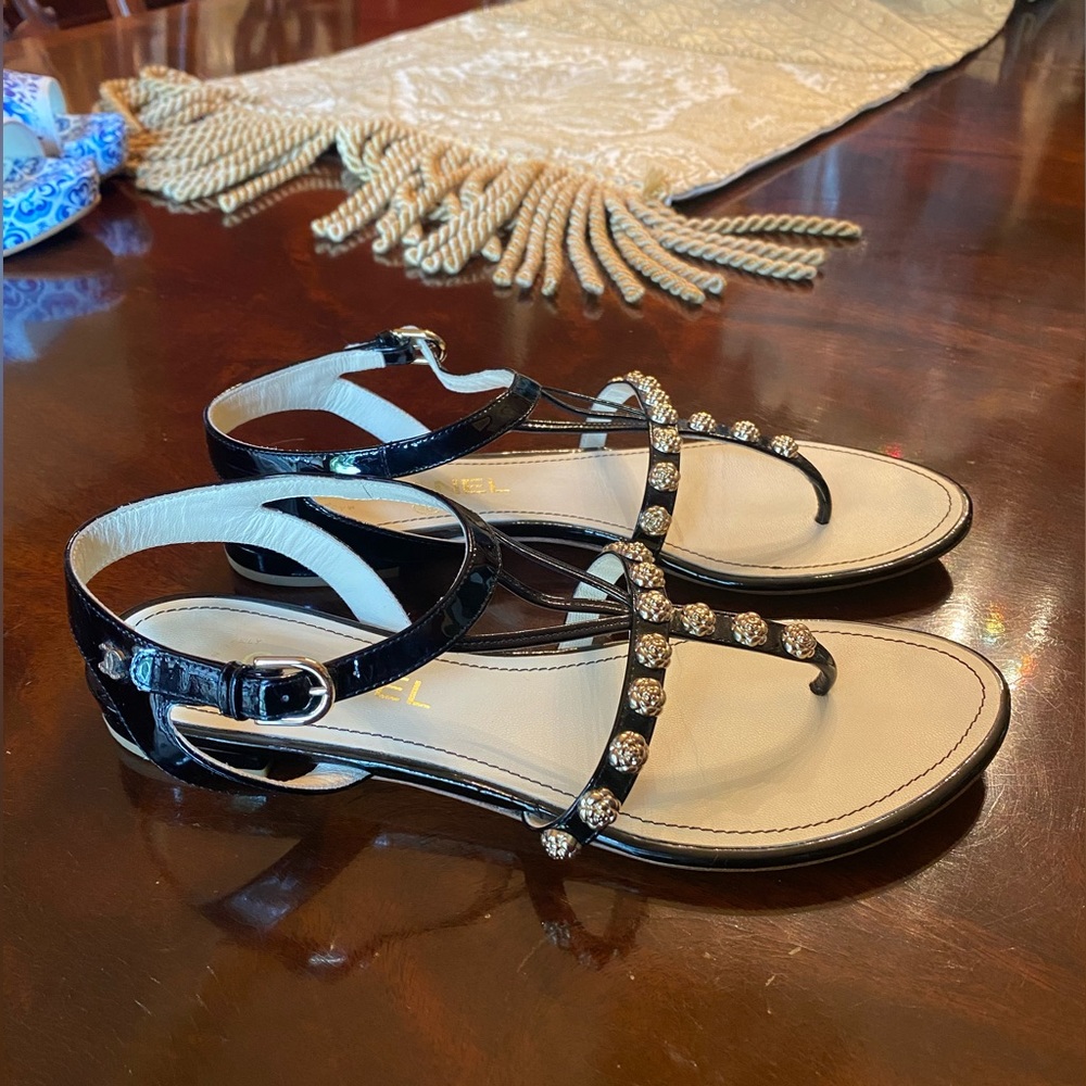 Chanel sandals with silver rose detailing